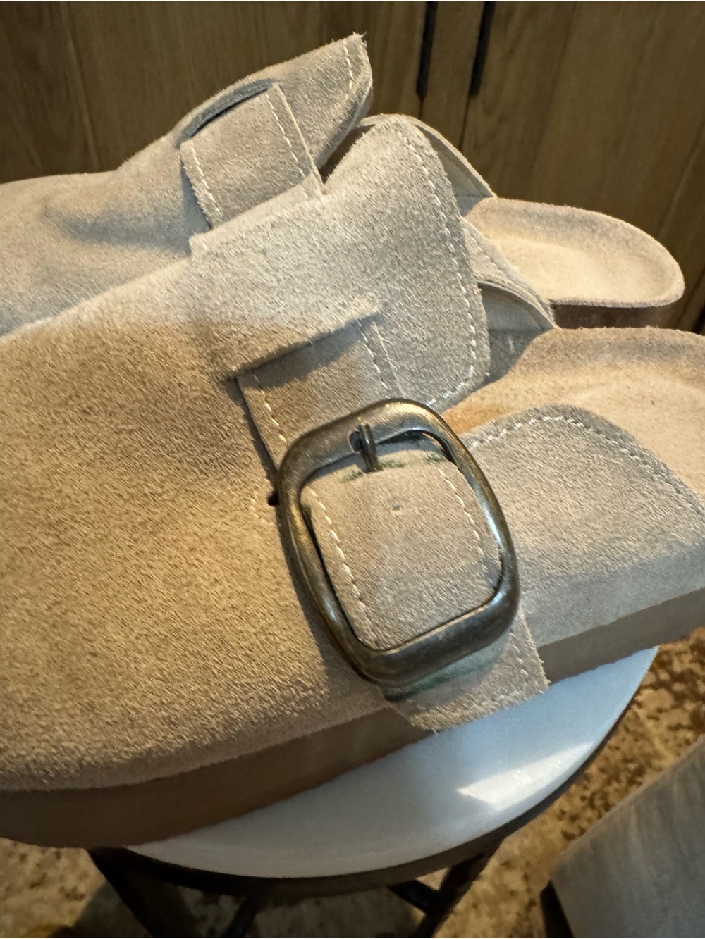 Women’s Suede Platform Clog Mule in Beige with Buckle - Picture 2 of 6